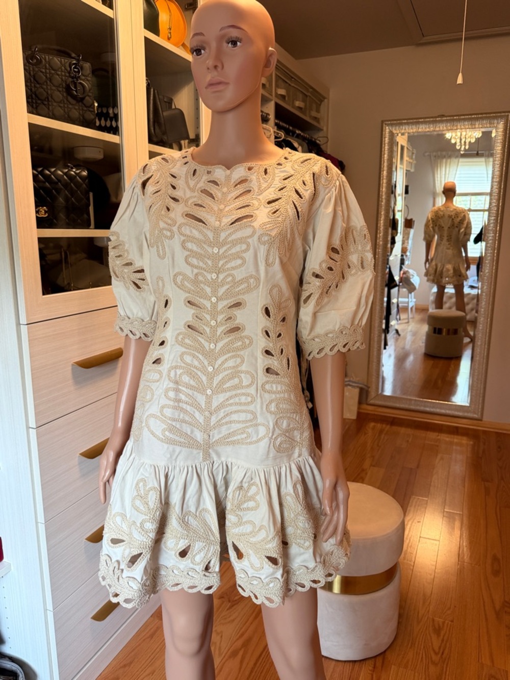 Maje Cream Embroidered Eyelet Mini Dress